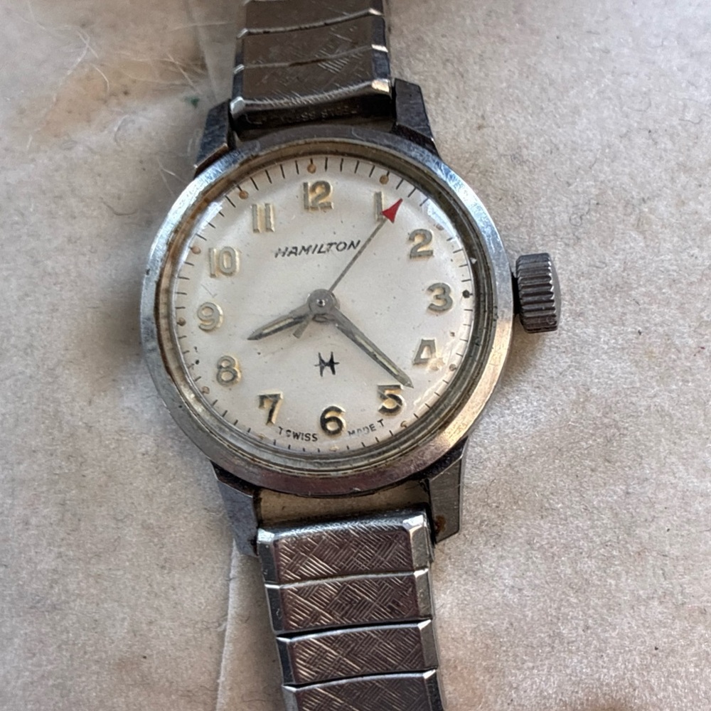 Hamilton Men’s Silver Watch with White Dial and Red Accent